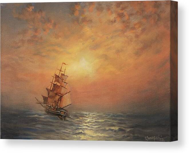 Sailing Ship Canvas Print featuring the painting Into the Sunset by Tom Shropshire