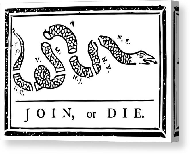 Join Or Die Canvas Print featuring the mixed media Join or Die by War Is Hell Store