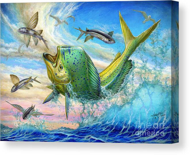 Flyingfish Canvas Print featuring the painting Jumping Mahi Mahi And Flyingfish by Terry Fox