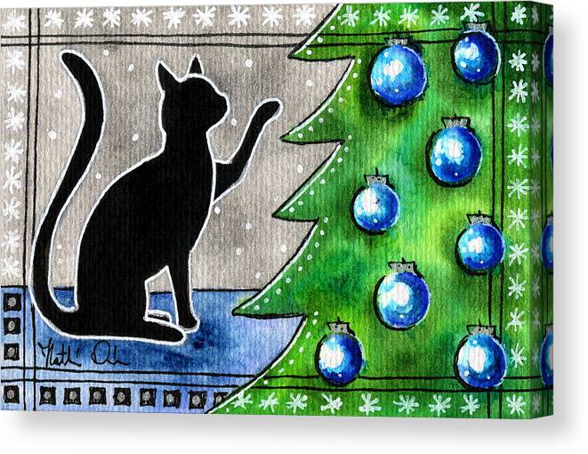 Just Counting Balls Canvas Print featuring the painting Just Counting Balls - Christmas Cat by Dora Hathazi Mendes