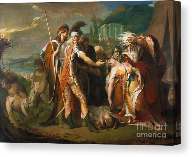 James Barry - King Lear Weeping Over The Dead Body Of Cordelia Canvas Print featuring the painting King Lear Weeping over the Dead Body of Cordelia by MotionAge Designs