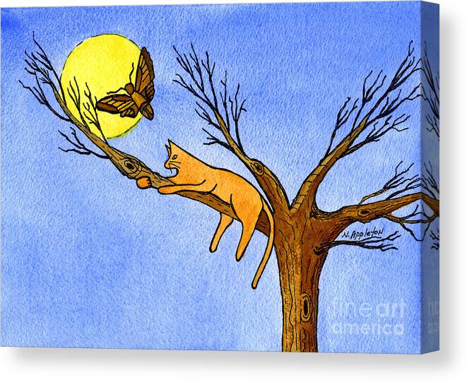 Cat Canvas Print featuring the painting Kitty Moth and Moonlight by Norma Appleton