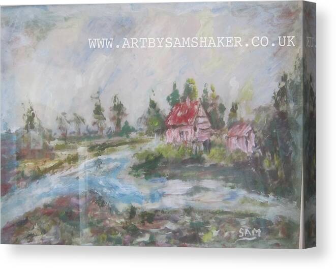 Peaceful Canvas Print featuring the painting Land scape with red brick house by Sam Shaker