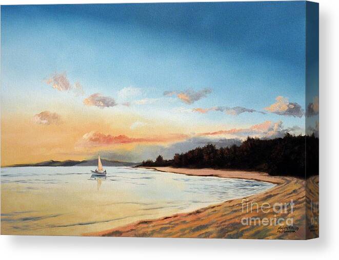 Sunset Canvas Print featuring the painting Late Sunset along the Beach by Christopher Shellhammer