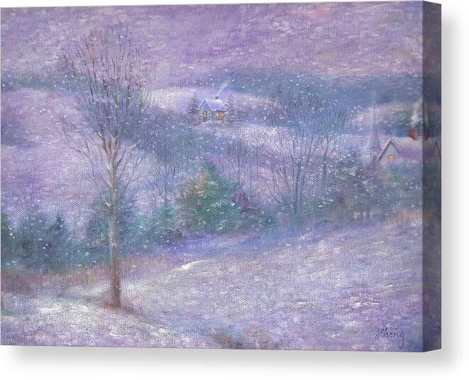Tonal Style Canvas Print featuring the painting Lavender Impressionist snowscape by Judith Cheng
