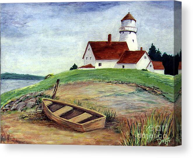 Ebsq Canvas Print featuring the photograph Lighthouse and dinghy by Dee Flouton