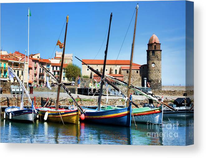 France Canvas Print featuring the photograph Lighthouse Boats Sea Collioure France by Chuck Kuhn
