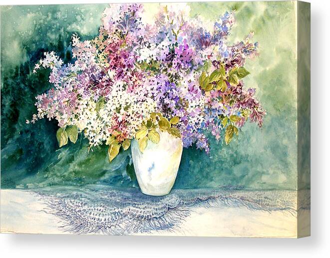 Lilacs;purple Lilacs;vase;floral Watercolor; Canvas Print featuring the painting Lilacs and Lace by Lois Mountz