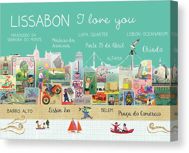 Lissabon I Love You Canvas Print featuring the mixed media Lissabon I love you by Claudia Schoen