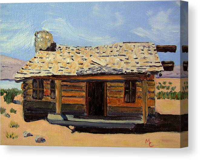 Landscape Canvas Print featuring the painting Log Cabin New Mexico by Mary Capriole