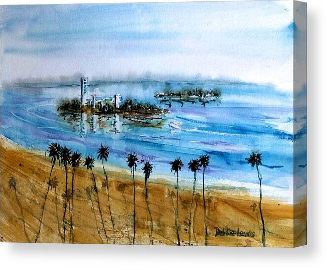 Watercolor Landscape Canvas Print featuring the painting Long Beach Oil Islands Before Sunset by Debbie Lewis