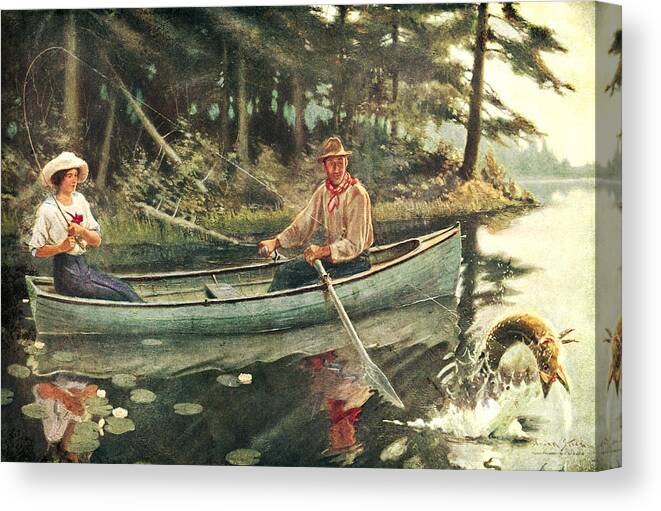 Frank Stick Canvas Print featuring the painting Man and Woman Fishing by JQ Licensing