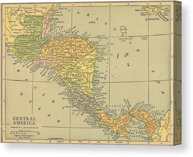 Map Canvas Print featuring the digital art Map Central America 1909 by Digital Art Cafe