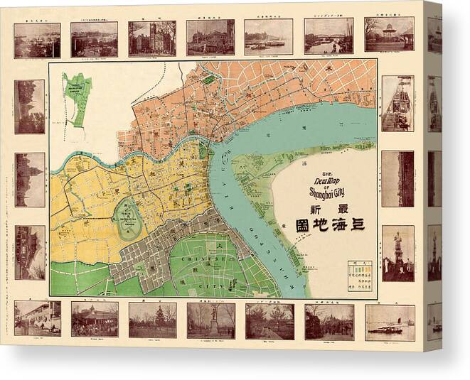 Map Of Shanghai Canvas Print featuring the photograph Map Of Shanghai 1908 by Andrew Fare