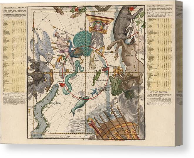 Constellations Map Canvas Print featuring the drawing Map of the Constellations Hydra, Indus, Chameleon, Apus, Centaurus - Celestial Map - Antique Map by Studio Grafiikka