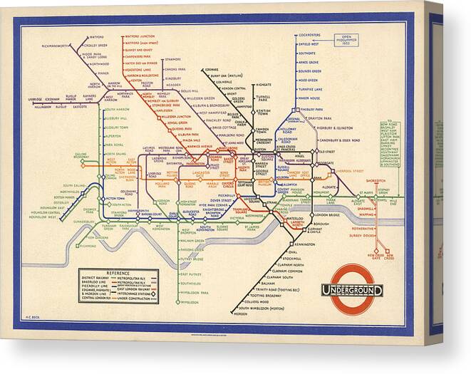 Map Of The London Underground Canvas Print featuring the drawing Map of the London Underground - London Metro - 1933 - Historical Map by Studio Grafiikka