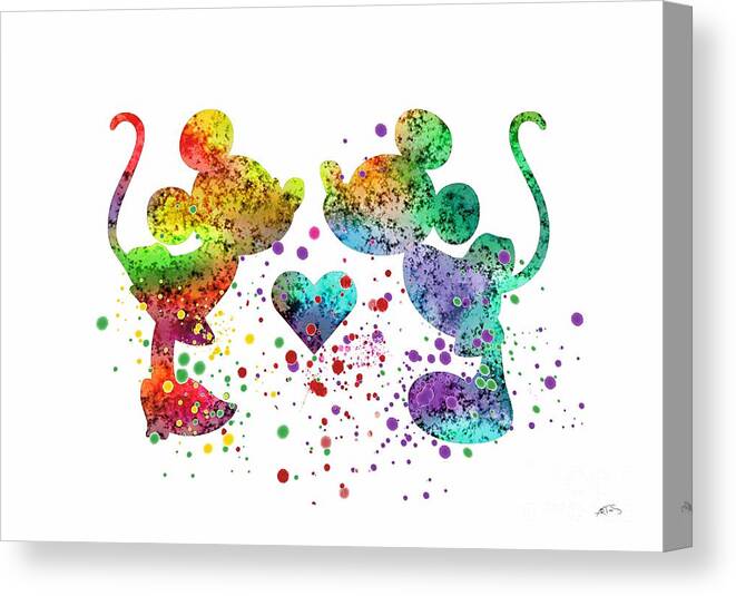 Children Art Print Canvas Print featuring the digital art Mickey and Minnie 2 Watercolor Print by White Lotus