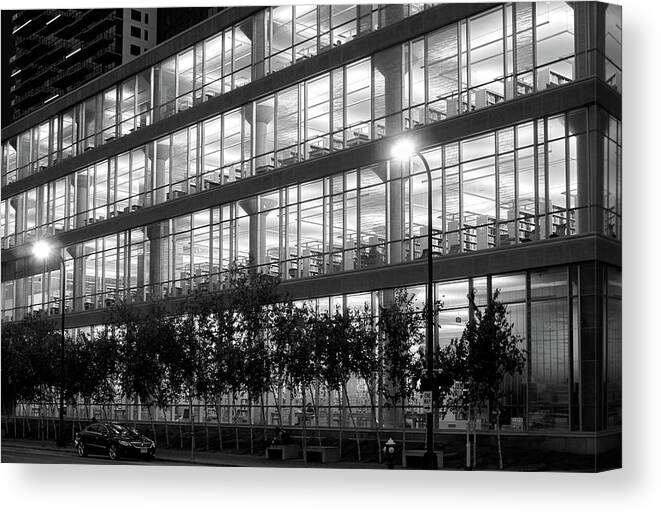 Minneapolis Canvas Print featuring the photograph MInneapolis Central Library at night by Jim Hughes