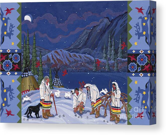 Many Stories Cannot Be Recounted Until There Is Snow On The Ground. Here You Are Watching As A Respected Elder Teaches About Tracking In The Winter Snows. Canvas Print featuring the painting Moon When the Rivers Dream by Chholing Taha