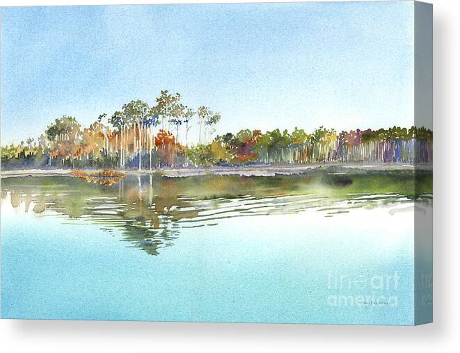 Watercolor Tree Shoreline Canvas Print featuring the painting Morning Calm by Amy Kirkpatrick