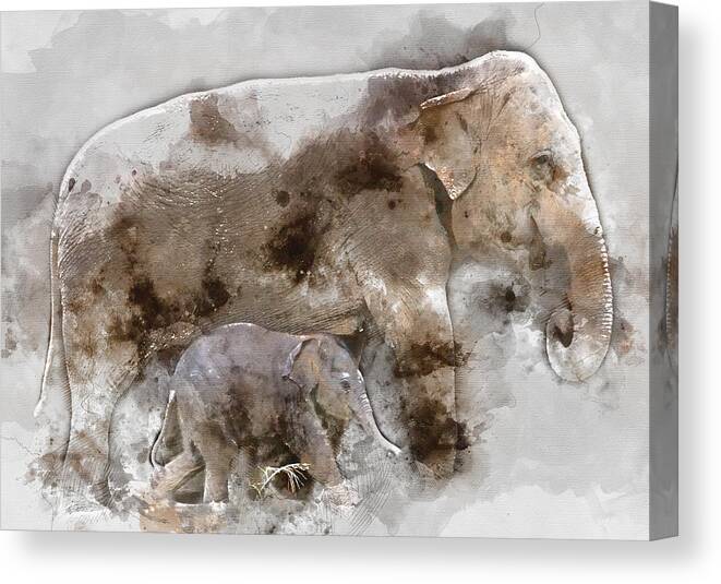 Elephant Canvas Print featuring the painting Mother and Baby Elephant Animal Decorative Poster 5 - by Diana Van by Diana Van
