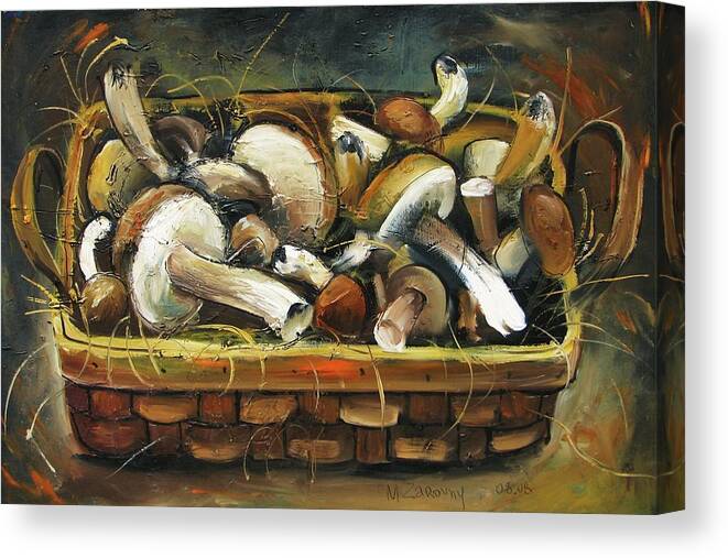  Canvas Print featuring the painting Mushrooms by Mikhail Zarovny