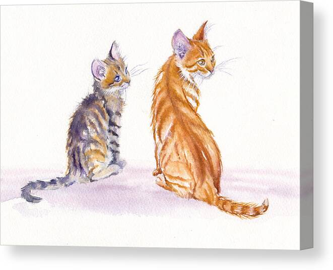 Kittens Canvas Print featuring the painting Two Kittens - My Big Sister by Debra Hall