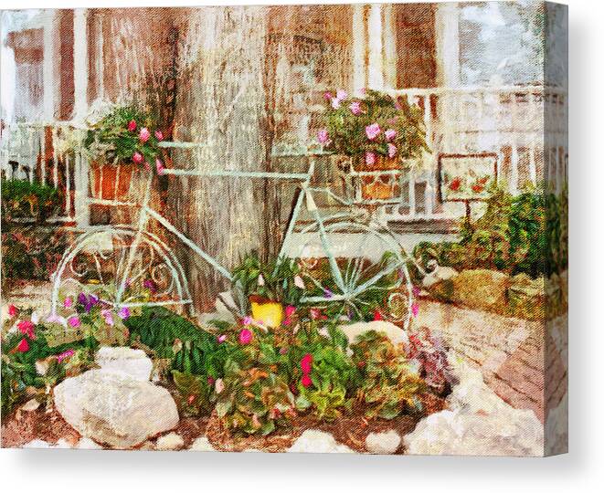 Garden Tree Flowers Lawn Decoration Flora Front Porch House Grand Island Mode Of Transportation Bike Bicycle Rocks Sidewalk Vintage Red Yellow Green Old Bricks Midwest Canvas Print featuring the photograph My Old Bike by Diane Lindon Coy