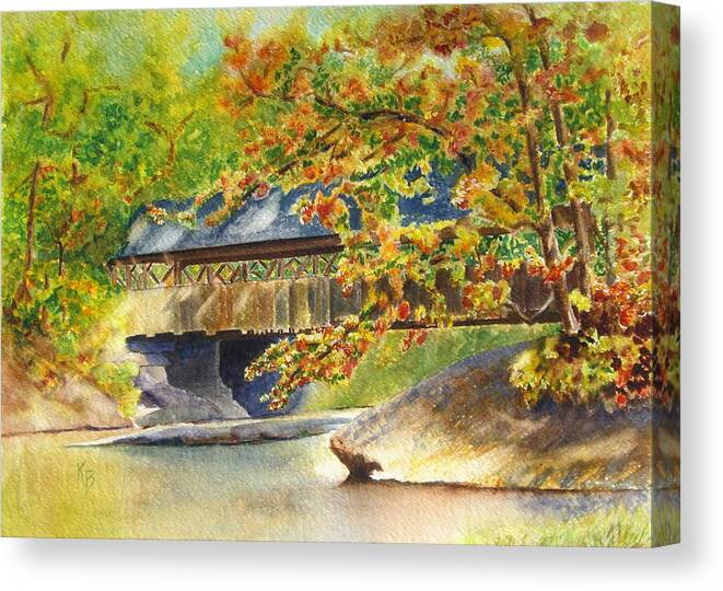 Autumn Canvas Print featuring the painting New England Covered Bridge by Karen Fleschler