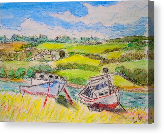 Fishing Boats Canvas Print featuring the drawing Nova Scotia Fishing Boats by Lessandra Grimley