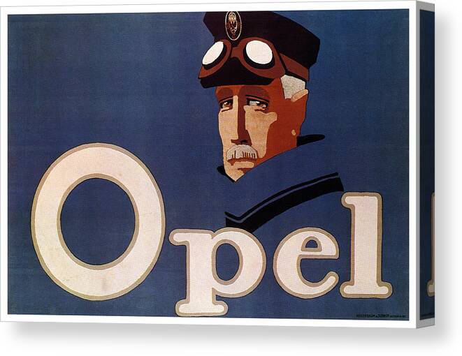 Opel Canvas Print featuring the mixed media Opel - German Automobile Manufacturer - Vintage Automotive Advertising Poster - Minimal, Blue by Studio Grafiikka