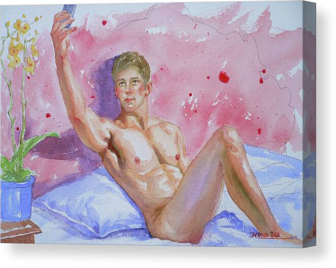 Male Nude Canvas Print featuring the painting Original Watercolour Male Nude Take A Photo #17529 by Hongtao Huang