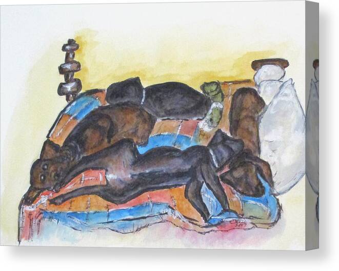 Dogs Canvas Print featuring the painting Our Bed Now by Clyde J Kell