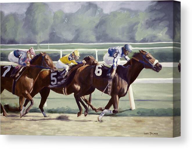Horses Canvas Print featuring the painting Out in Front by Linda Tenukas