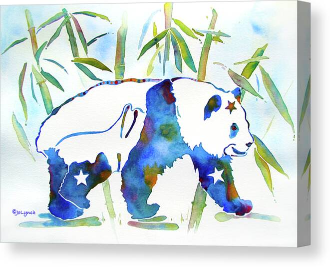 Panda Bear Canvas Print featuring the painting Panda Bear with Stars in Blue by Jo Lynch