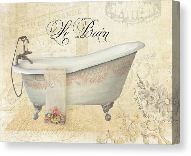 Clawfoot Tub Canvas Print featuring the painting Parchment Paris - Le Bain Vintage Bathroom by Audrey Jeanne Roberts