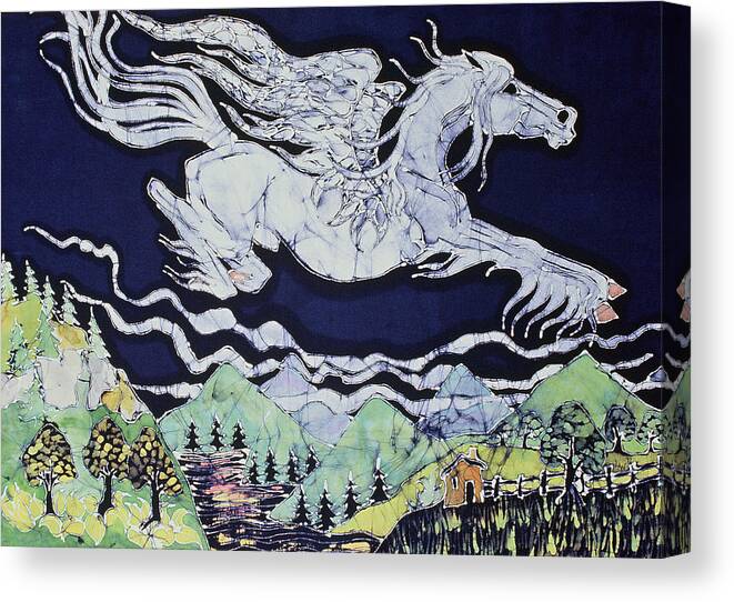  Fantasy Canvas Print featuring the tapestry - textile Pegasus Flying Over Stream by Carol Law Conklin