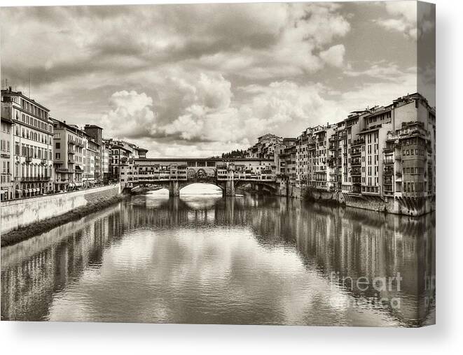Scenes From Far And Near Canvas Print featuring the photograph Ponte Vecchio At Florence Italy #2 Sepia Tone by Mel Steinhauer