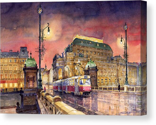 Bridge Canvas Print featuring the painting Prague Night Tram National Theatre by Yuriy Shevchuk
