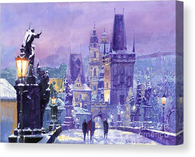 Oil Canvas Print featuring the painting Prague Winter Charles Bridge by Yuriy Shevchuk