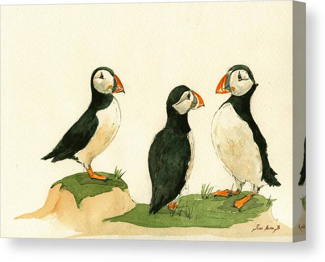 Puffin Art Canvas Print featuring the painting Puffins by Juan Bosco