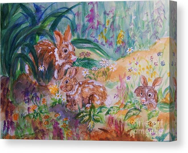 Rabbits.garden Canvas Print featuring the painting Rabbits In The Garden by Ellen Levinson