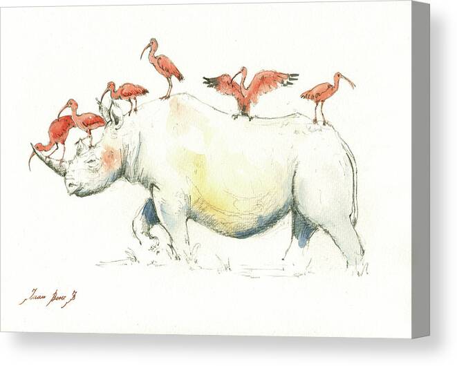 Rhino Canvas Print featuring the painting Rhino and ibis by Juan Bosco