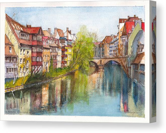 Rive Canvas Print featuring the painting River Pegnitz in Nuremberg Old Town Germany by Dai Wynn
