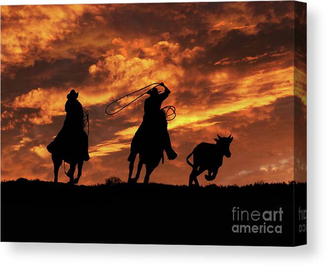 Western Canvas Print featuring the photograph Roping Cowboys and Fiery Skies by Stephanie Laird