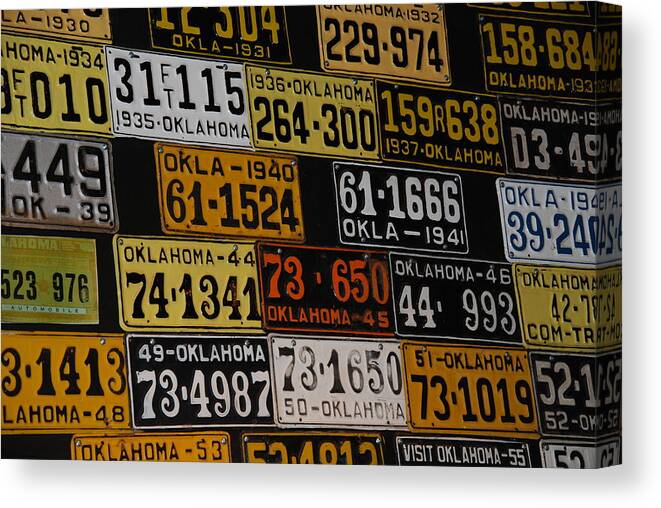 Route 66 Canvas Print featuring the photograph Route 66 Oklahoma Car Tags by Susanne Van Hulst