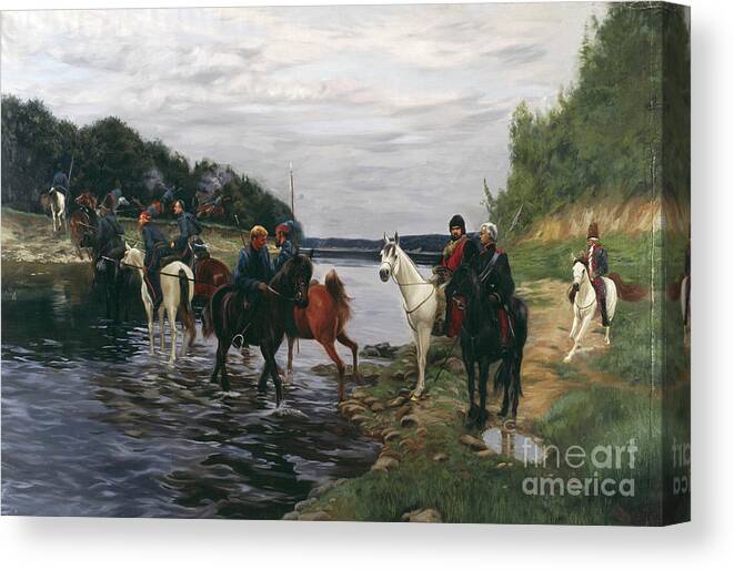 Horses Canvas Print featuring the painting Rubicon. Crossing the River by Denis Davydov Squadron. 1812. by Simon Kozhin