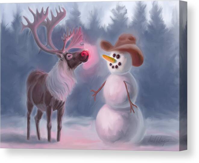 Rudolph Canvas Print featuring the digital art Rudolph Meets Frosty by David Burgess