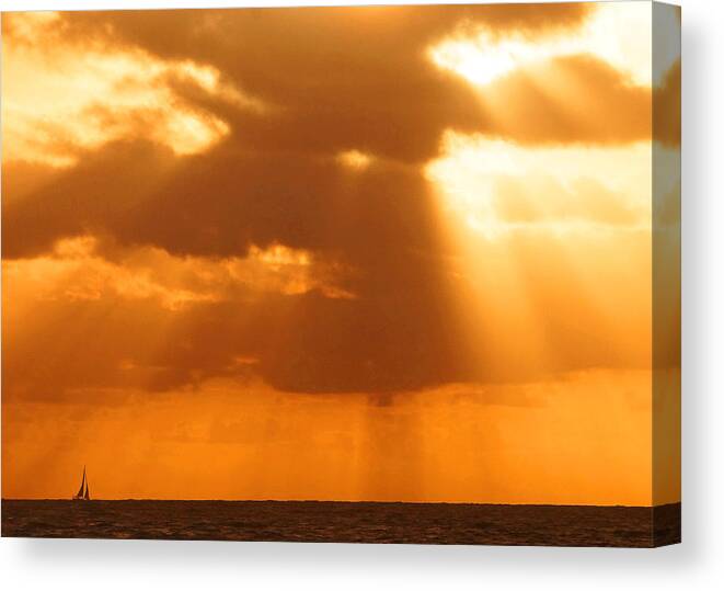 Sunrise Canvas Print featuring the photograph Sailboat Bathed in Hazy Rays by Lawrence S Richardson Jr