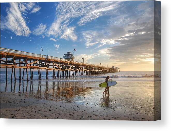 Surf Canvas Print featuring the photograph San Clemente Pier and Surfers by Hal Bowles